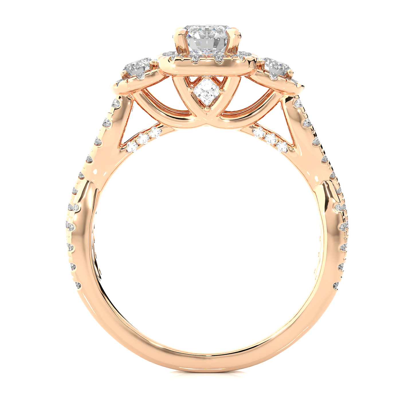 Lab & Moissanite Diamond Halo Three Stone Engagement Ring