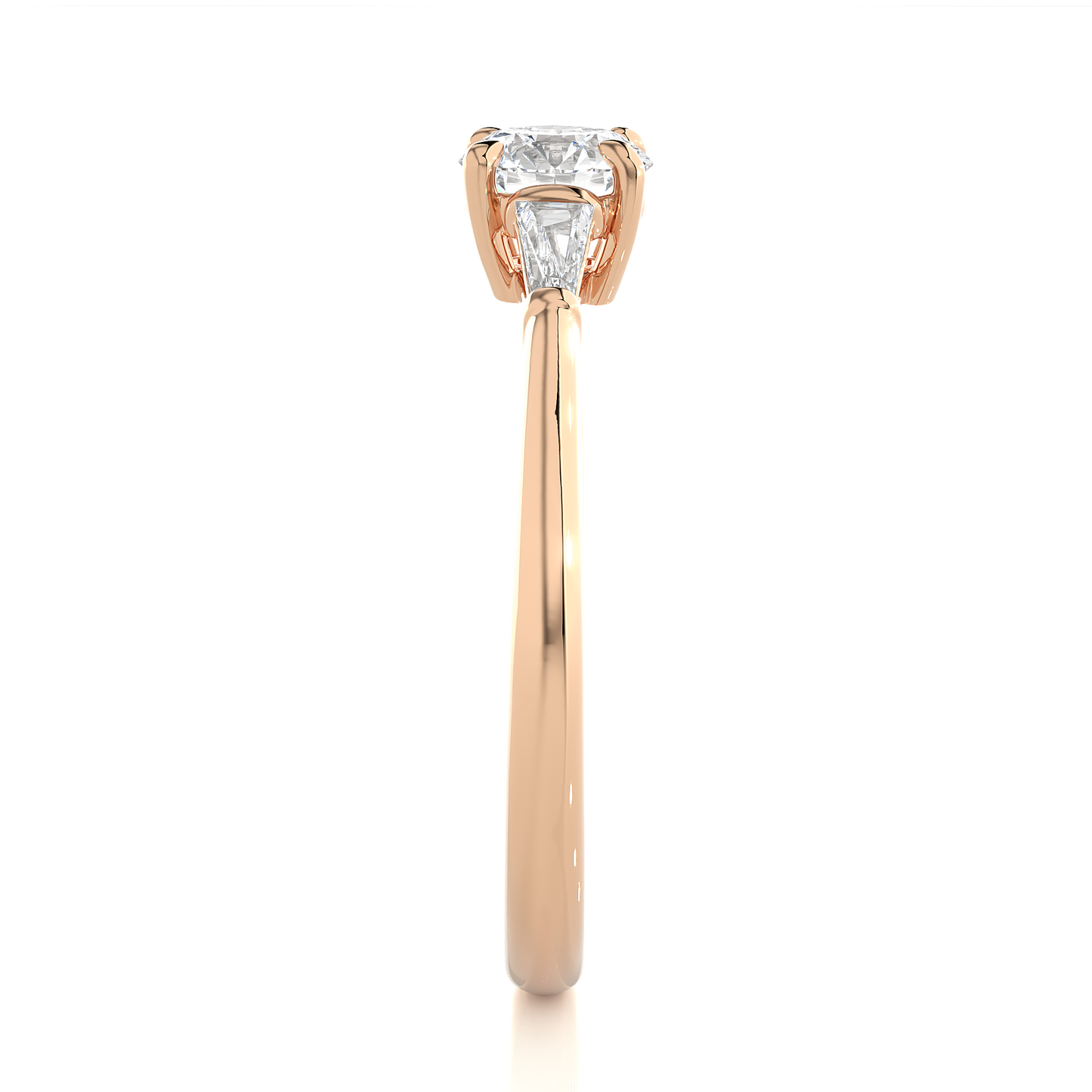Round Lab / Moissanite Diamond With Tapered Baguette Three Stone Ring