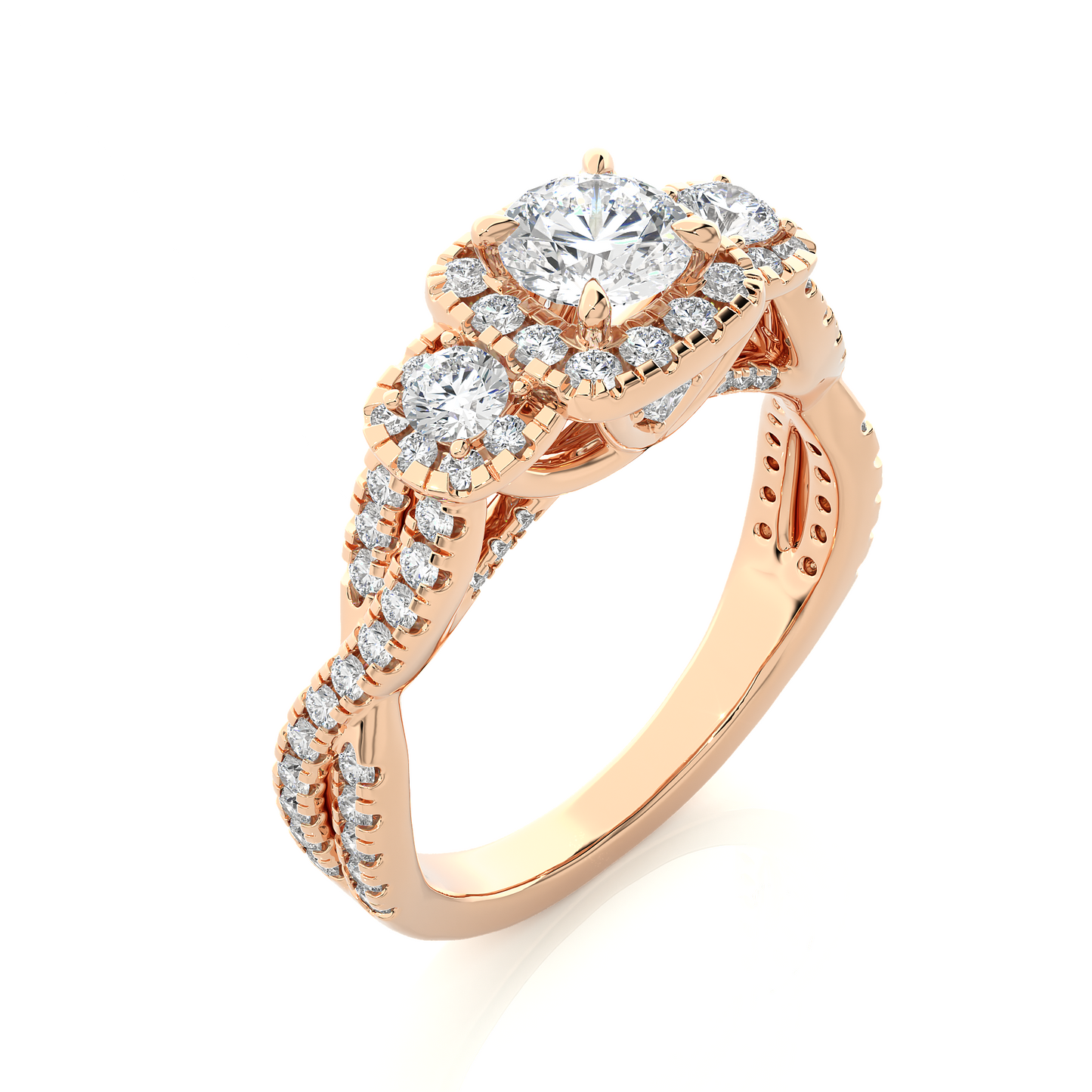 Lab & Moissanite Diamond Halo Three Stone Engagement Ring