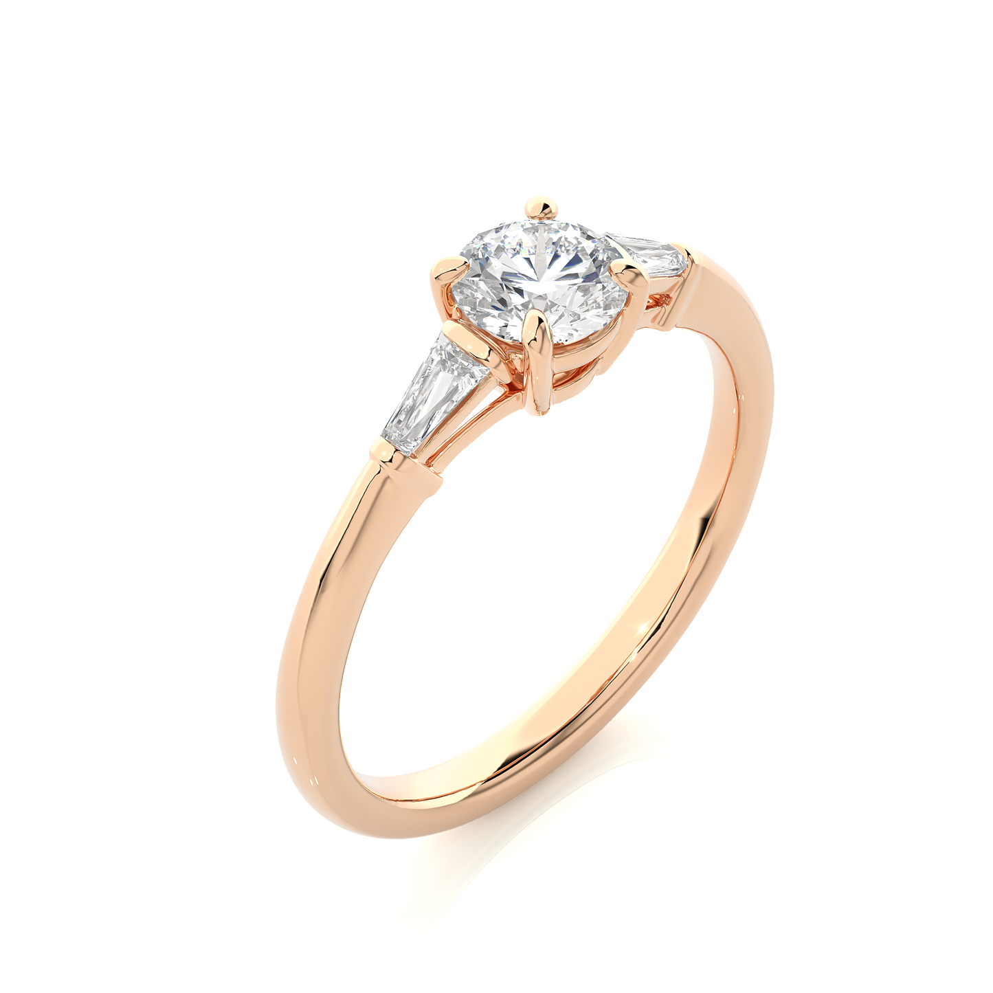 Round Lab / Moissanite Diamond With Tapered Baguette Three Stone Ring