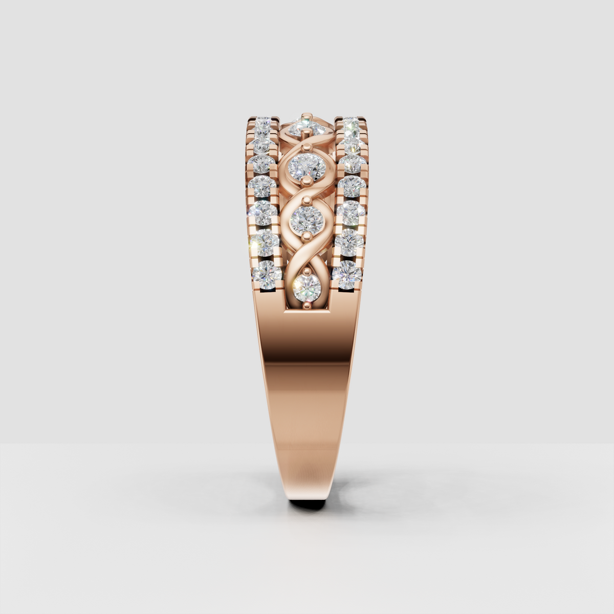 Round diamond eternity ring with polished yellow gold and pavé setting