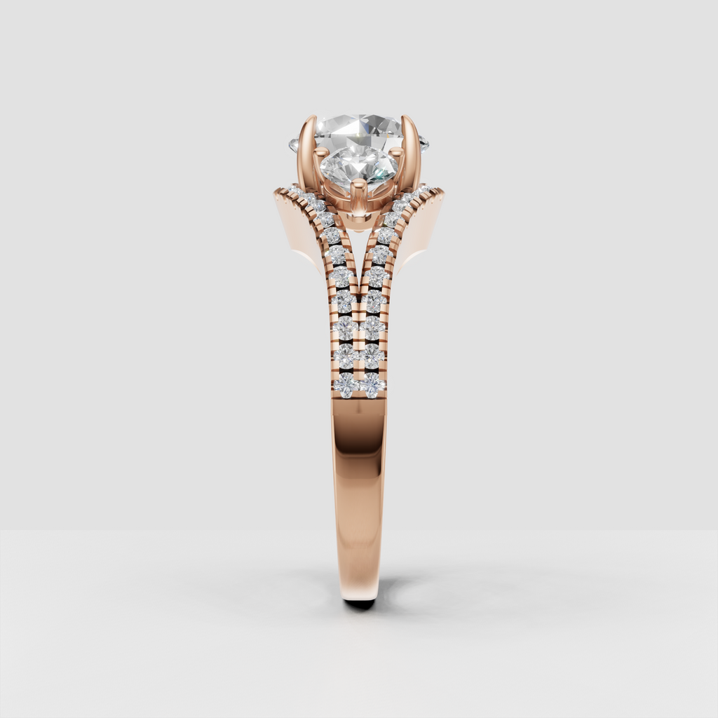 Round three stone diamond engagement ring with sparkling shoulders