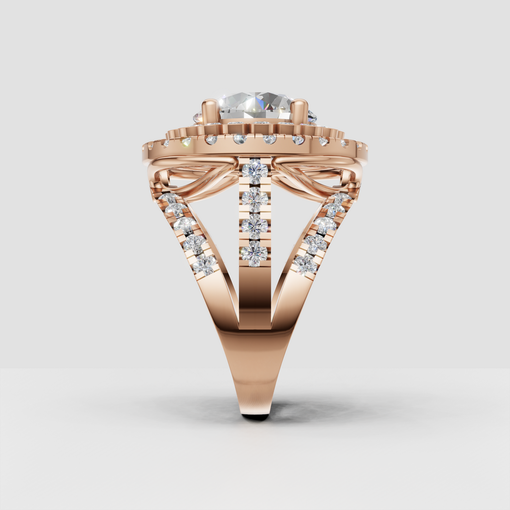 Yellow gold round cut diamond ring with double halo and sculpted shank