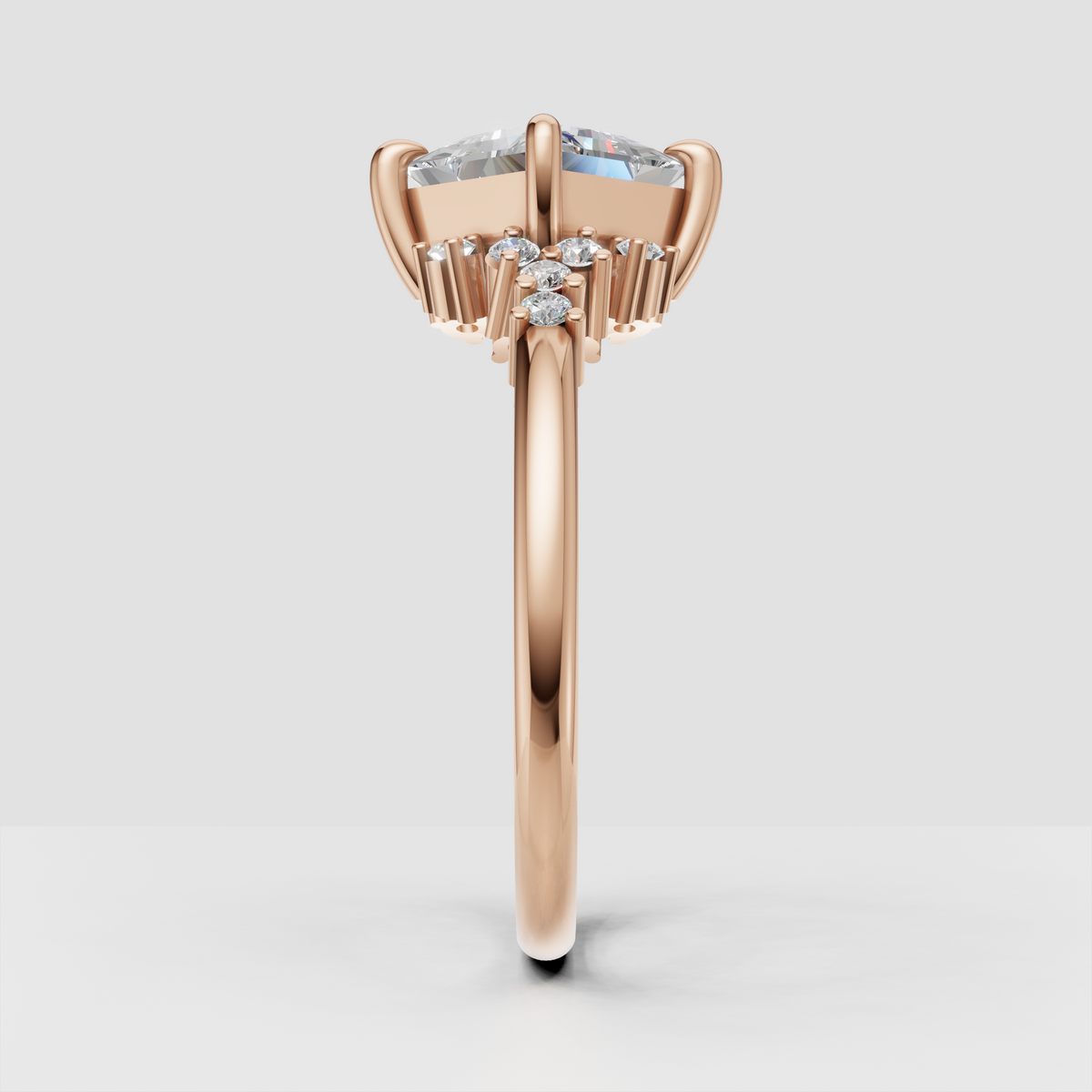 Front view of princess cut diamond engagement ring in yellow gold
