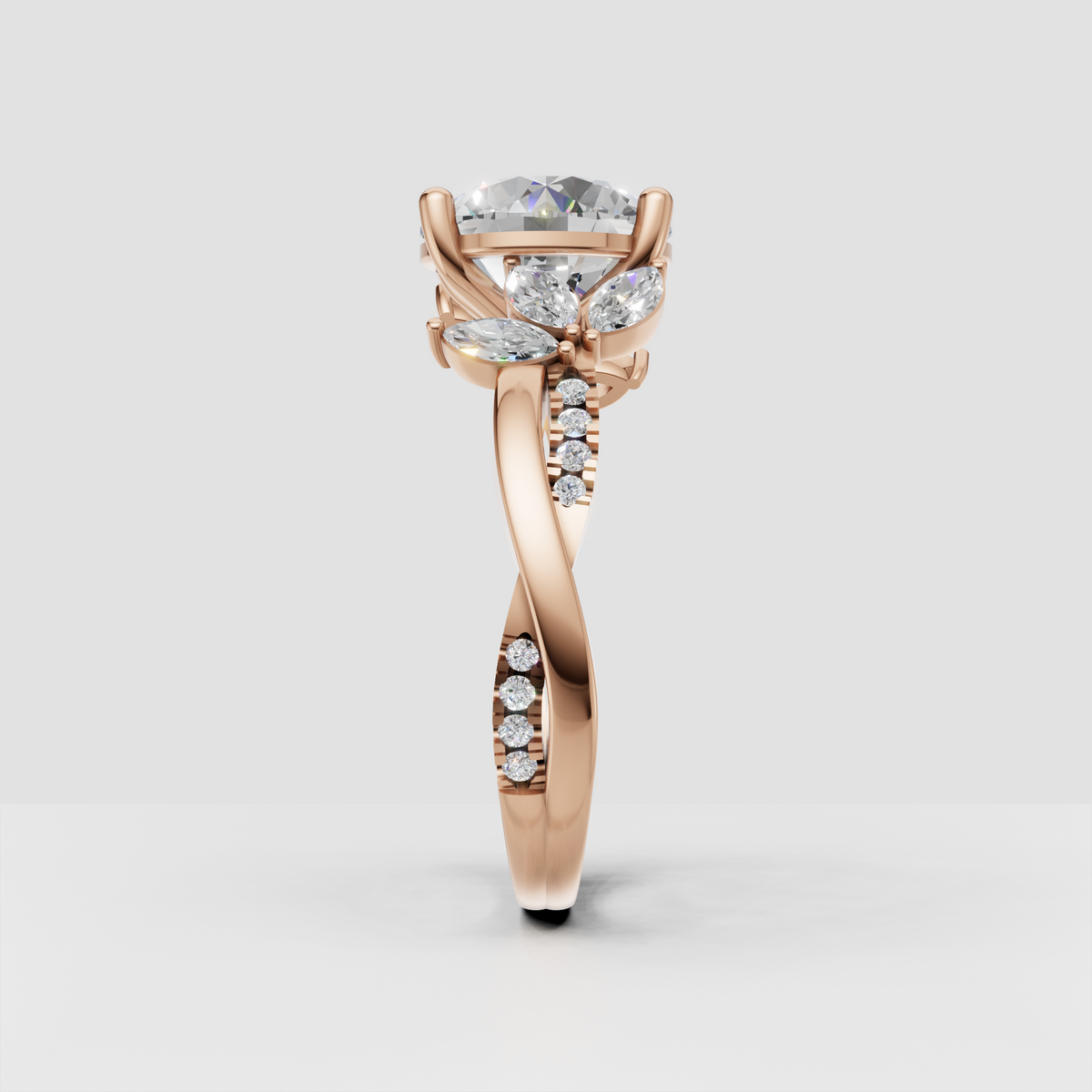 Round cut diamond ring showing elevated four-prong center setting