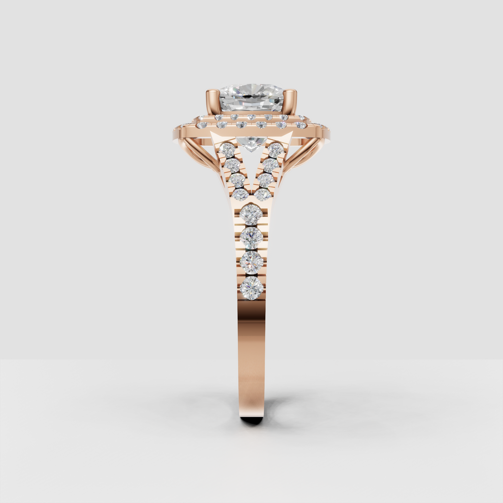 Cushion cut diamond ring featuring round stone double halo