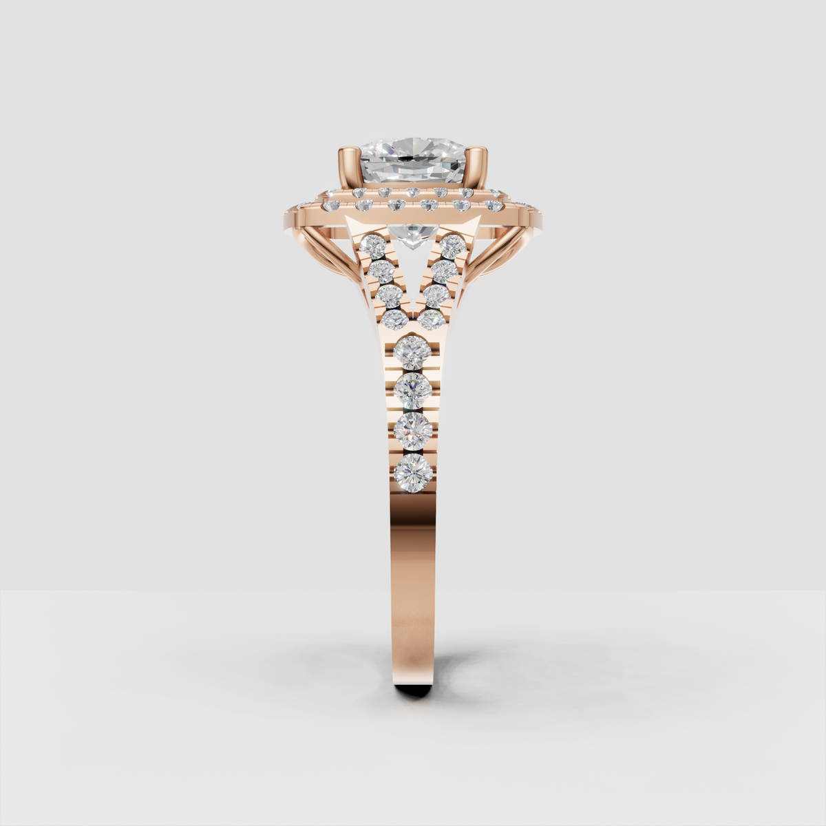 Cushion cut diamond ring featuring round stone double halo