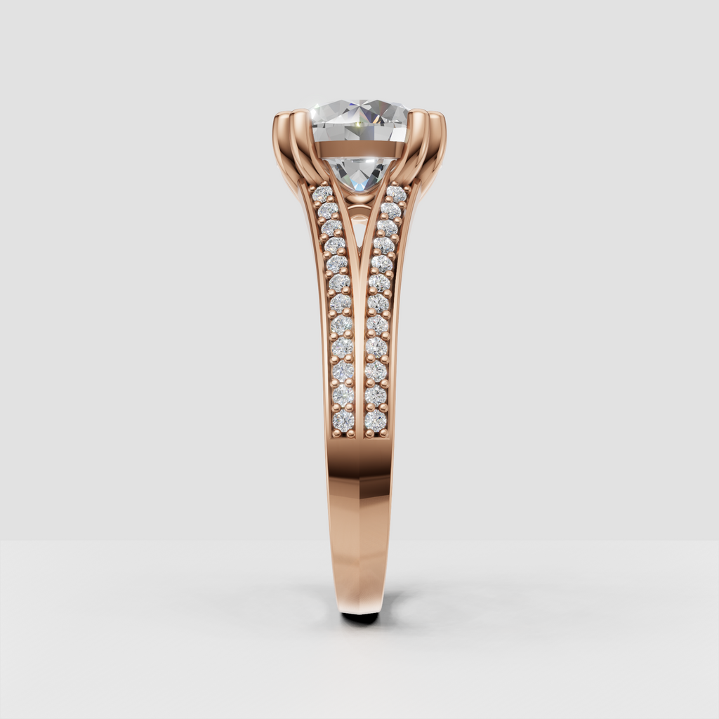Round center diamond ring with decorative basket setting and pavé sides