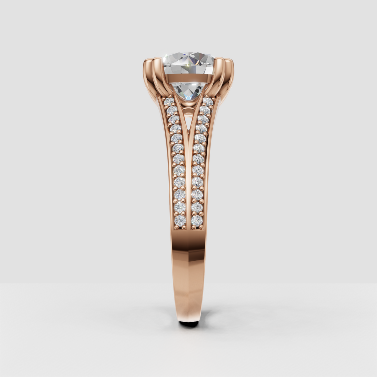 Round center diamond ring with decorative basket setting and pavé sides