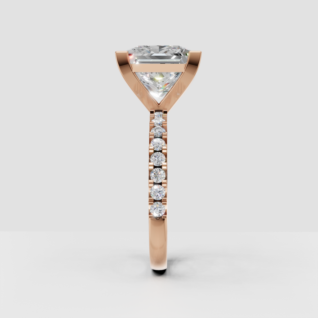 Square prong princess diamond ring with round accent stones