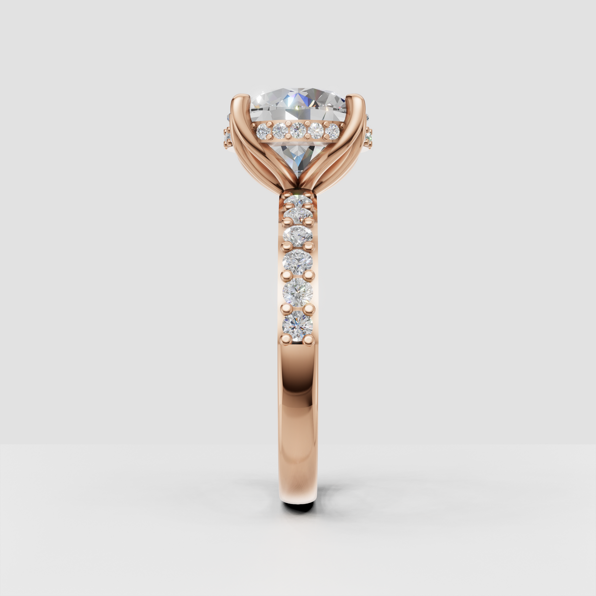 Front view of round diamond crossover engagement ring