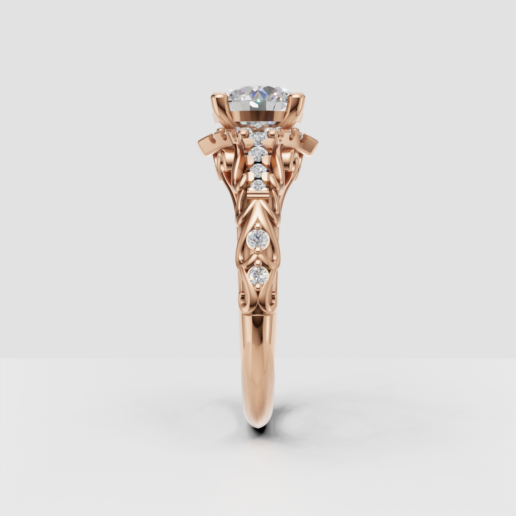 Romantic round diamond engagement ring with vintage scrollwork detailing
