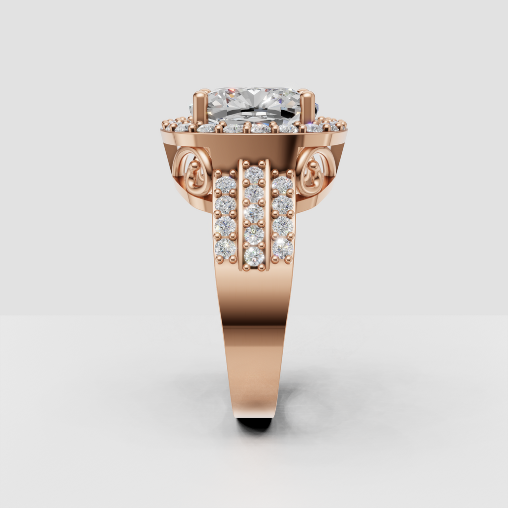 Cushion cut diamond halo ring with detailed bead-set accents