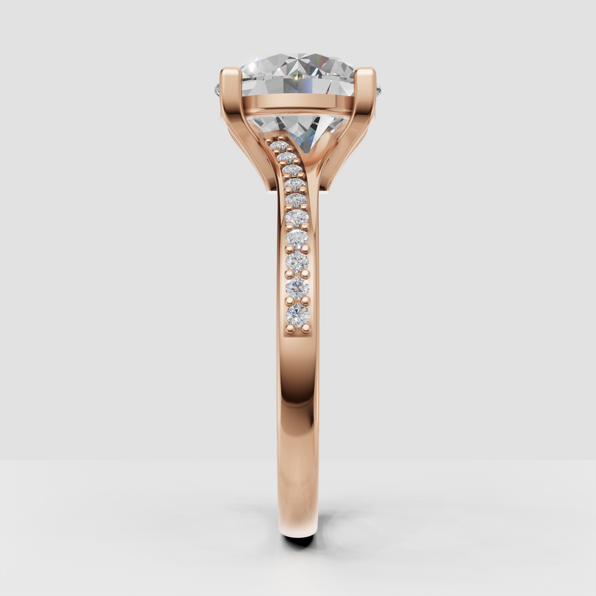 Round diamond cathedral ring with pavé-set accent stones