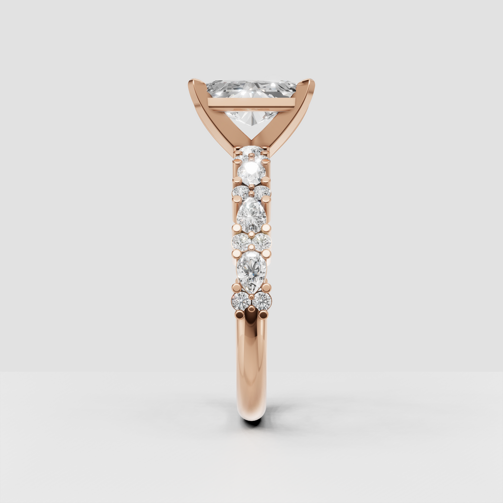 Radiant cut center diamond ring with elevated basket setting and accents