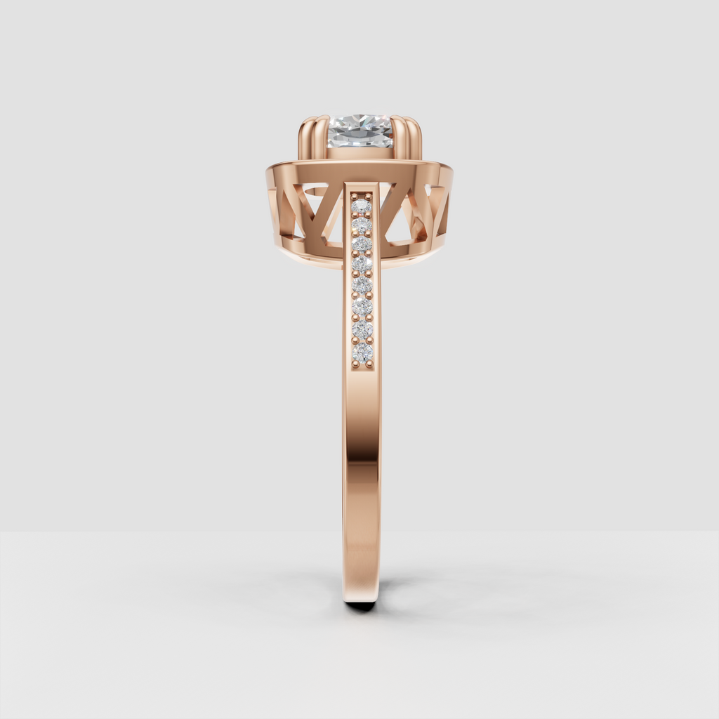 Cushion halo diamond ring with pavé band