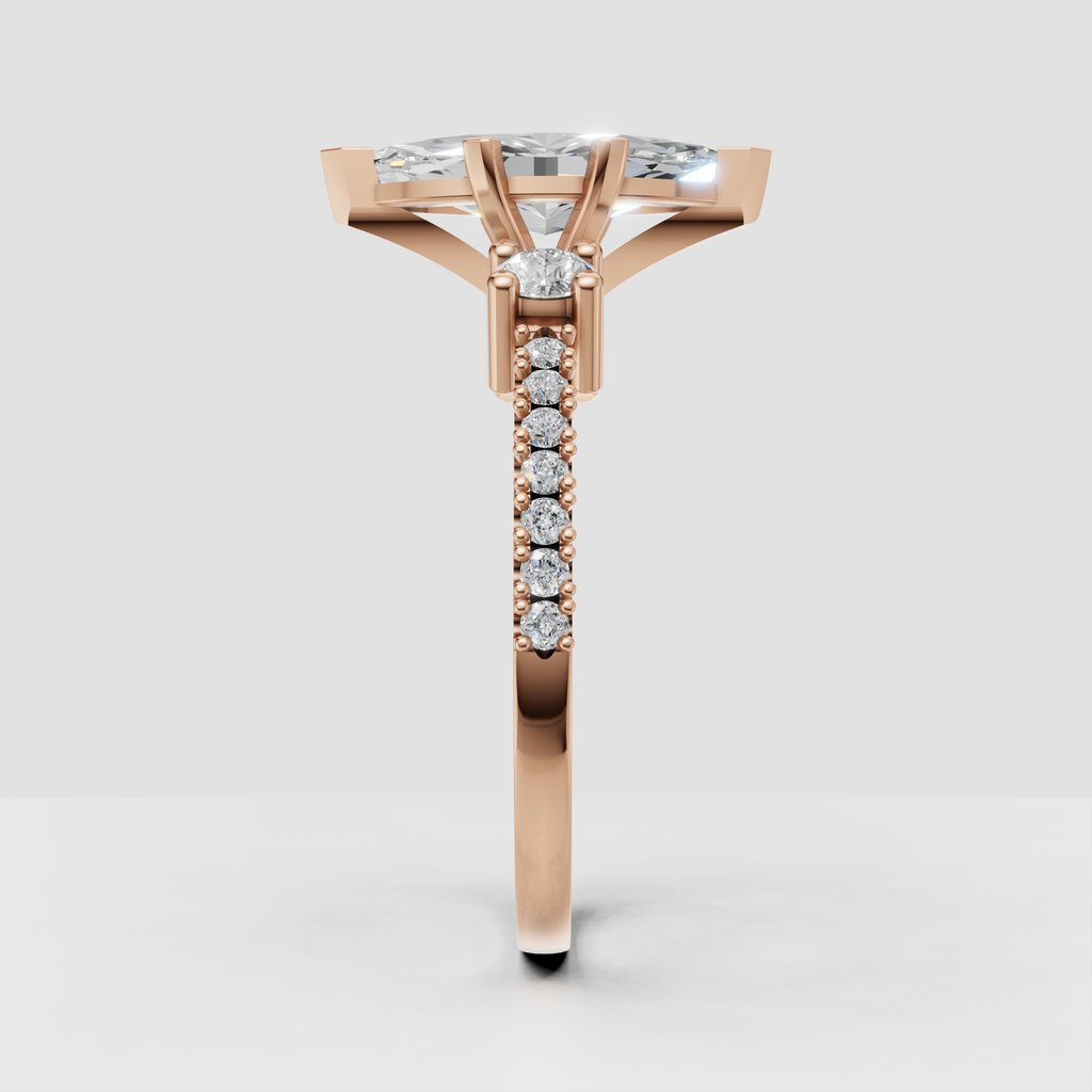 Marquise center diamond ring with round side stones and pave accents