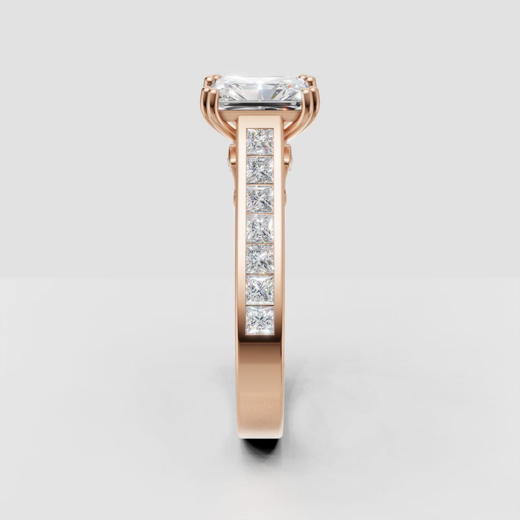 Radiant center diamond with channel set diamond shoulders