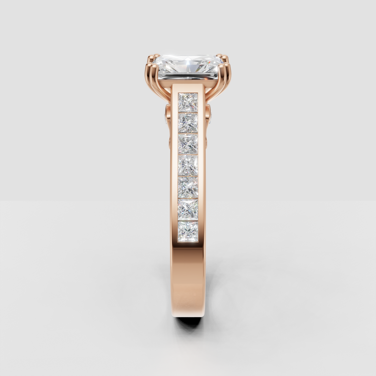 Radiant center diamond with channel set diamond shoulders