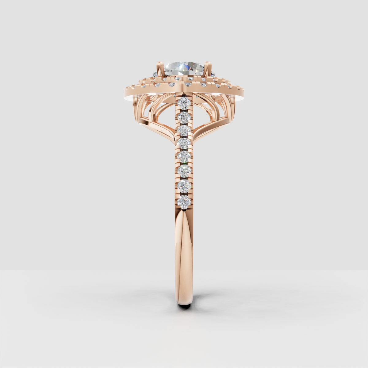 Round diamond double halo ring with intricate floral detailing