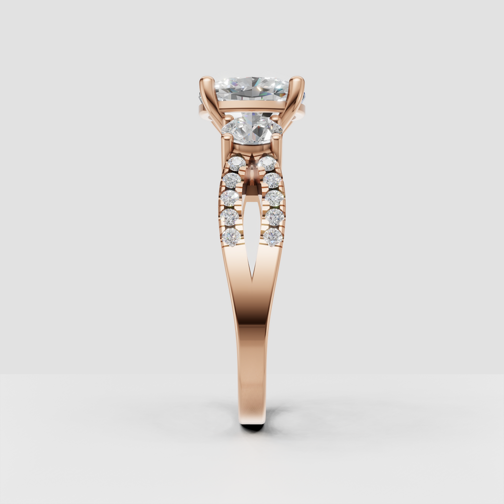 Romantic cushion cut three stone diamond ring
