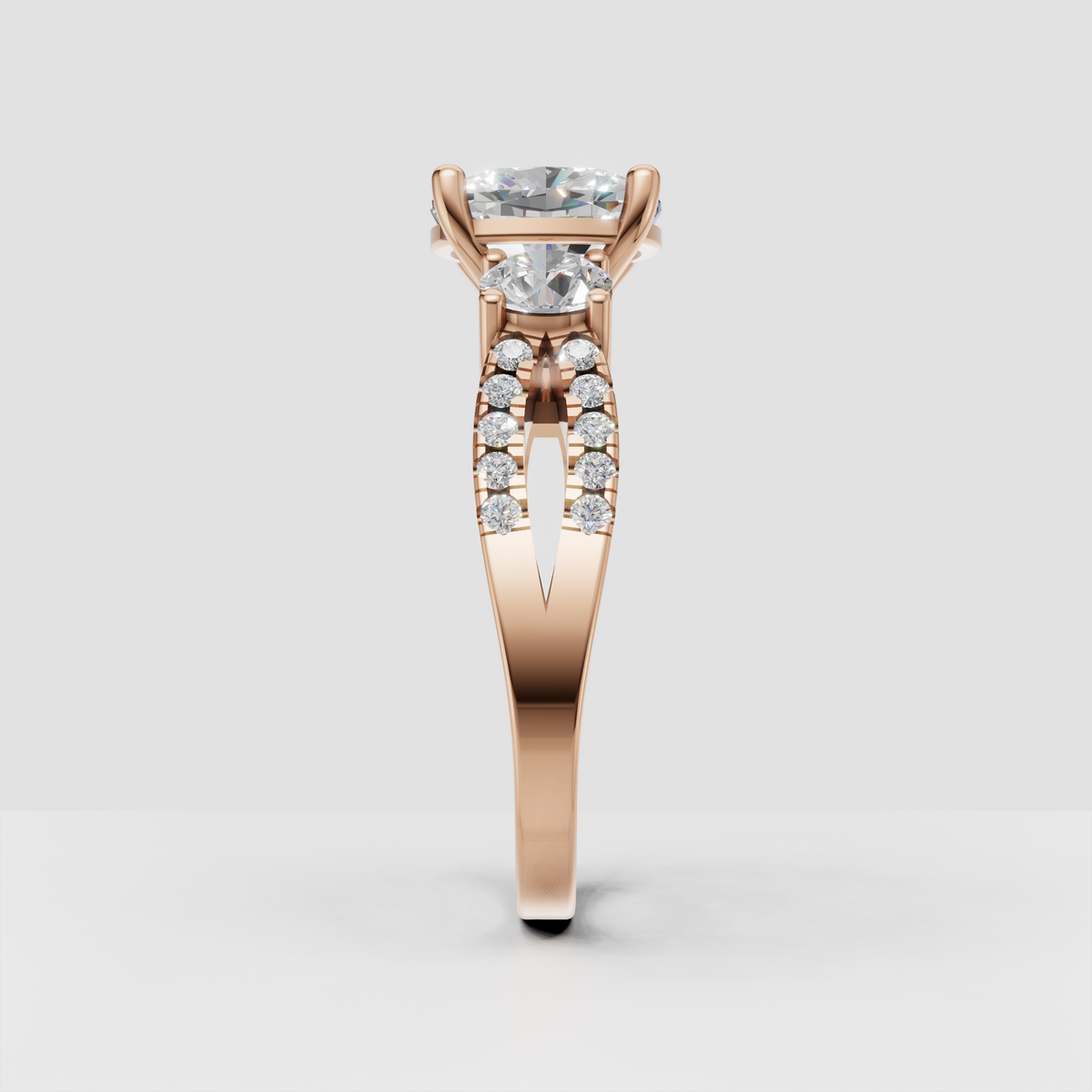 Romantic cushion cut three stone diamond ring