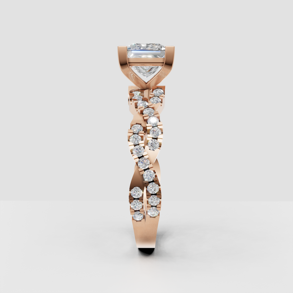 Princess cut center stone ring with round diamond crossover band