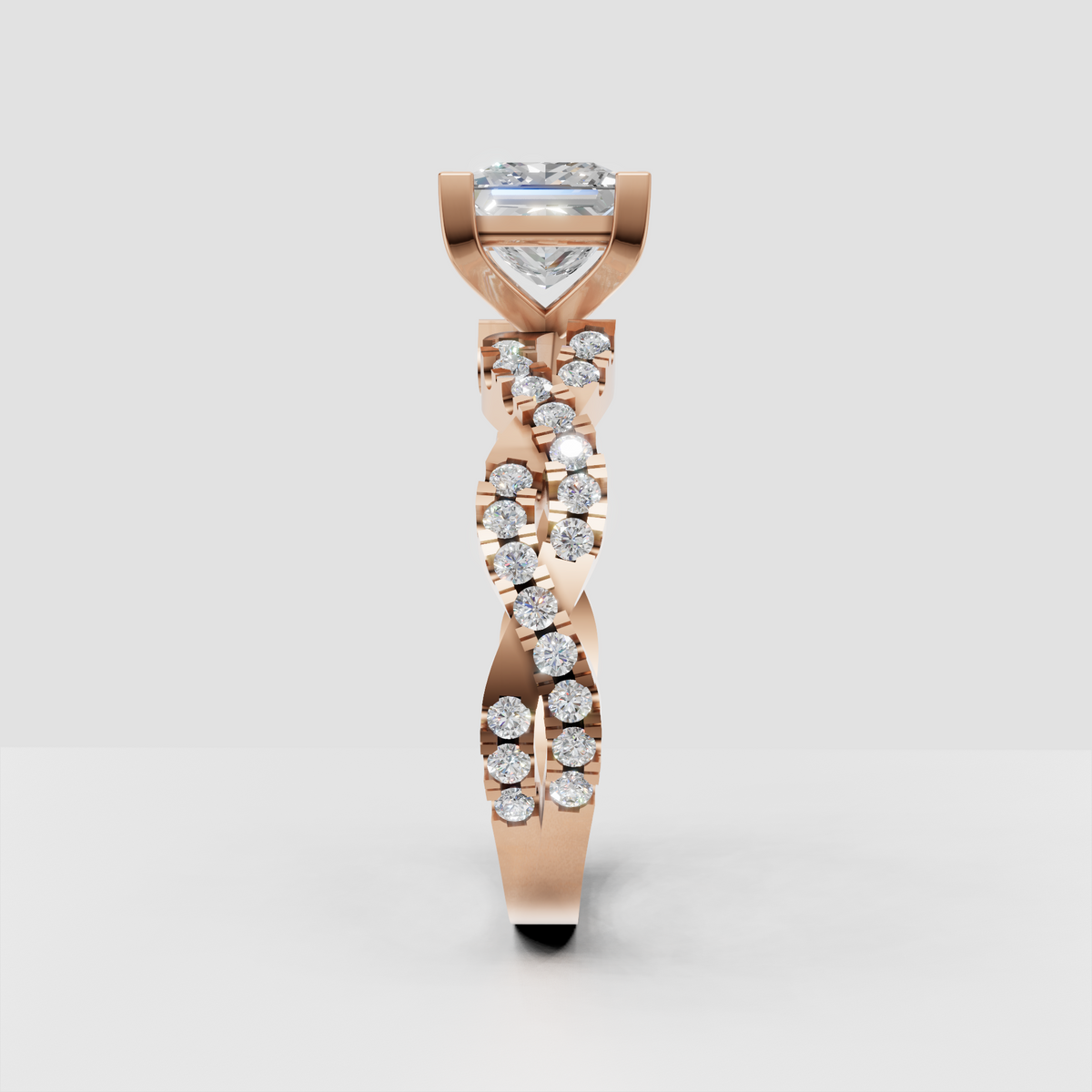 Princess cut center stone ring with round diamond crossover band