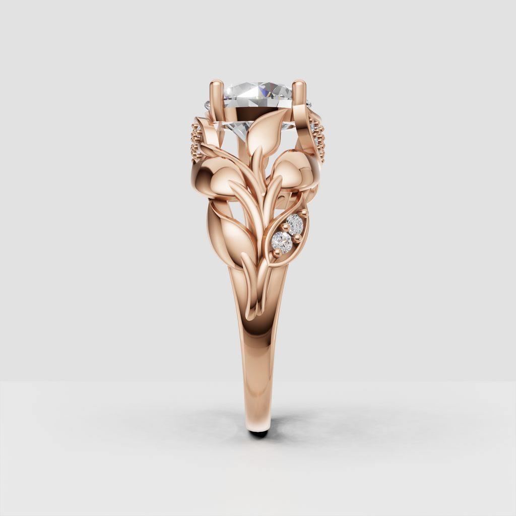 Round diamond nature inspired ring shown in rose gold