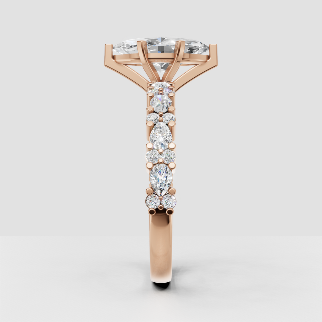 Side view of marquise Diamond engagement ring with elevated cathedral setting
