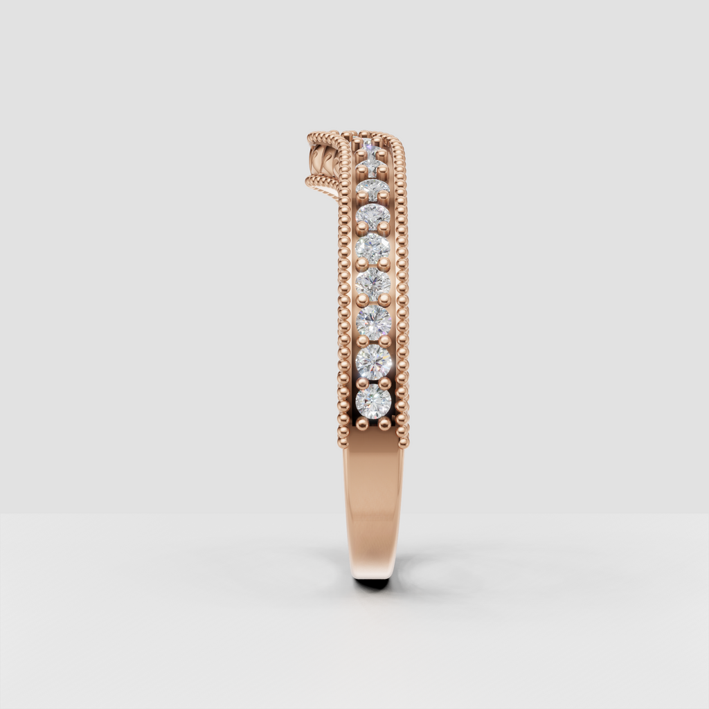 Floral diamond wedding band with raised beaded edges