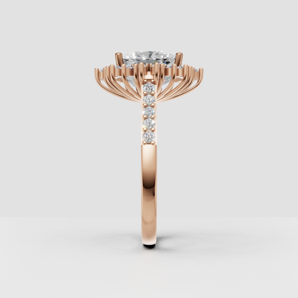 Gold cushion halo ring with pavé diamond shoulders