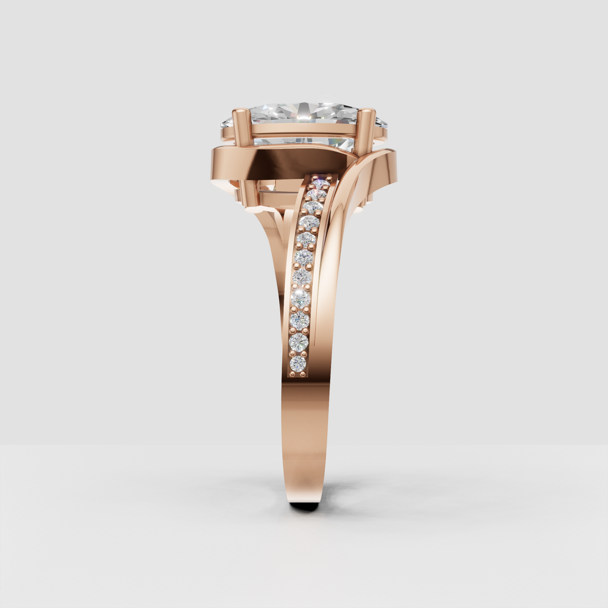 Oval cut center diamond in a bypass ring setting