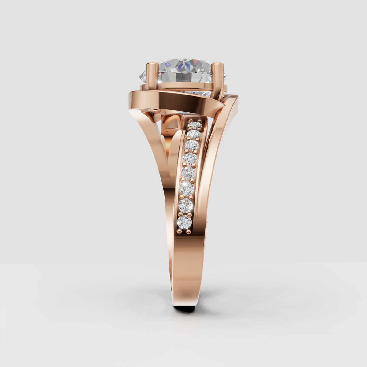 Round diamond bridal ring with polished gold shank and pave accents