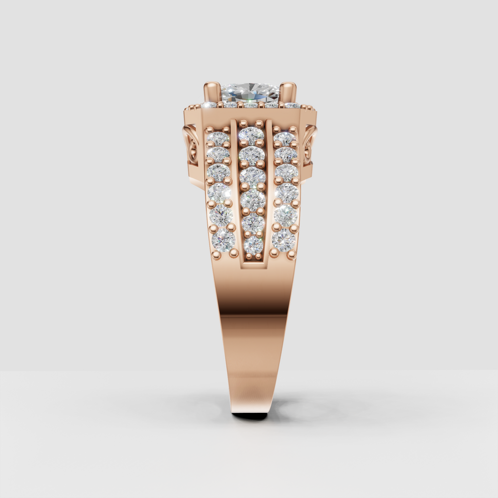Cushion cut halo engagement ring with sparkling side stones