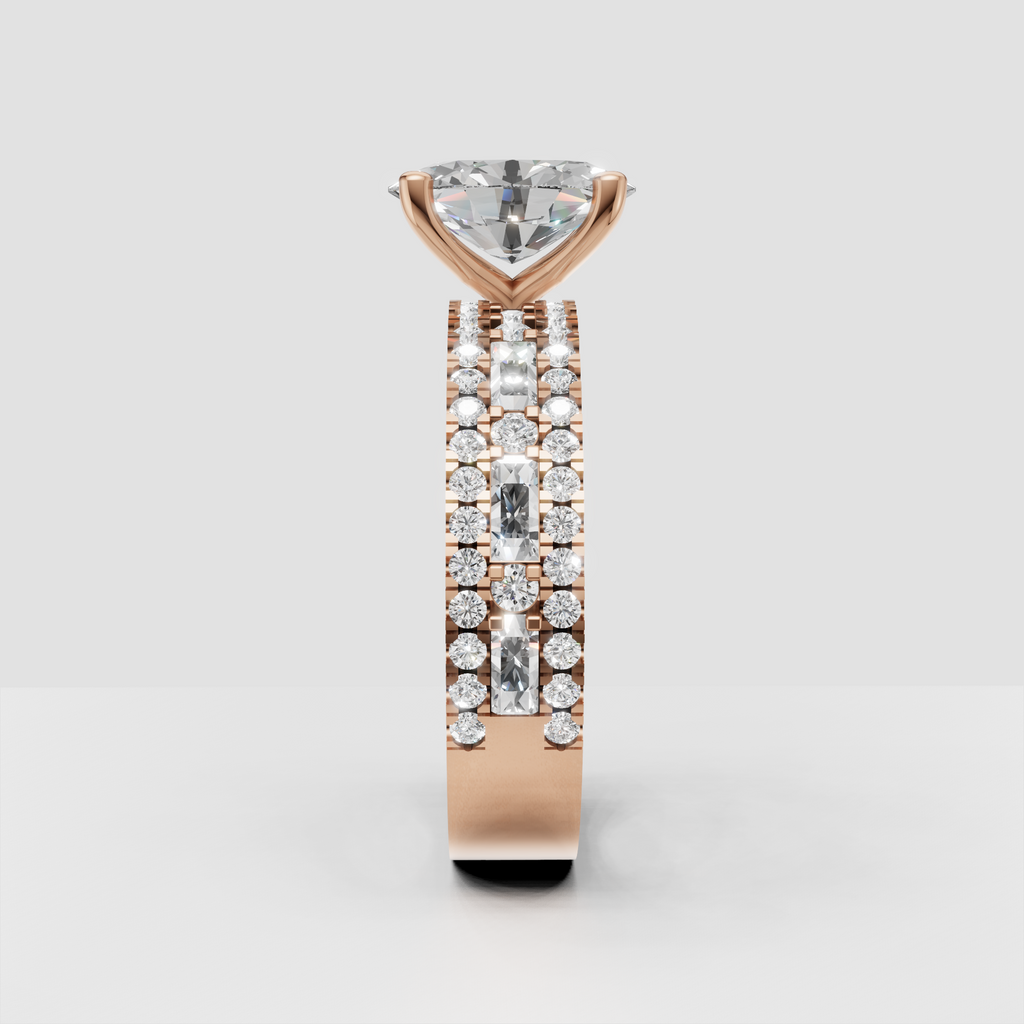 Oval diamond ring with elongated baguette stones and round diamonds across three rows