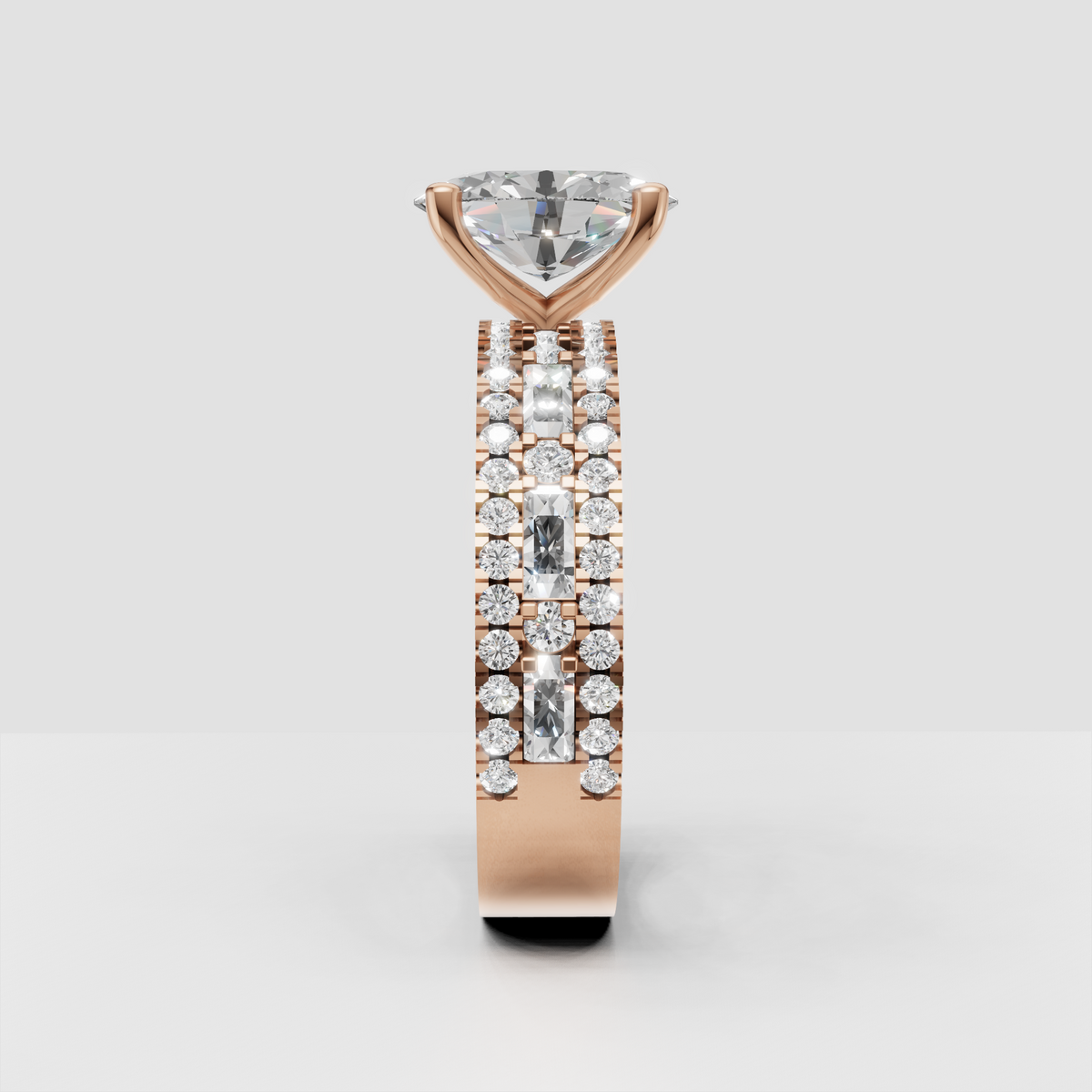 Oval diamond ring with elongated baguette stones and round diamonds across three rows