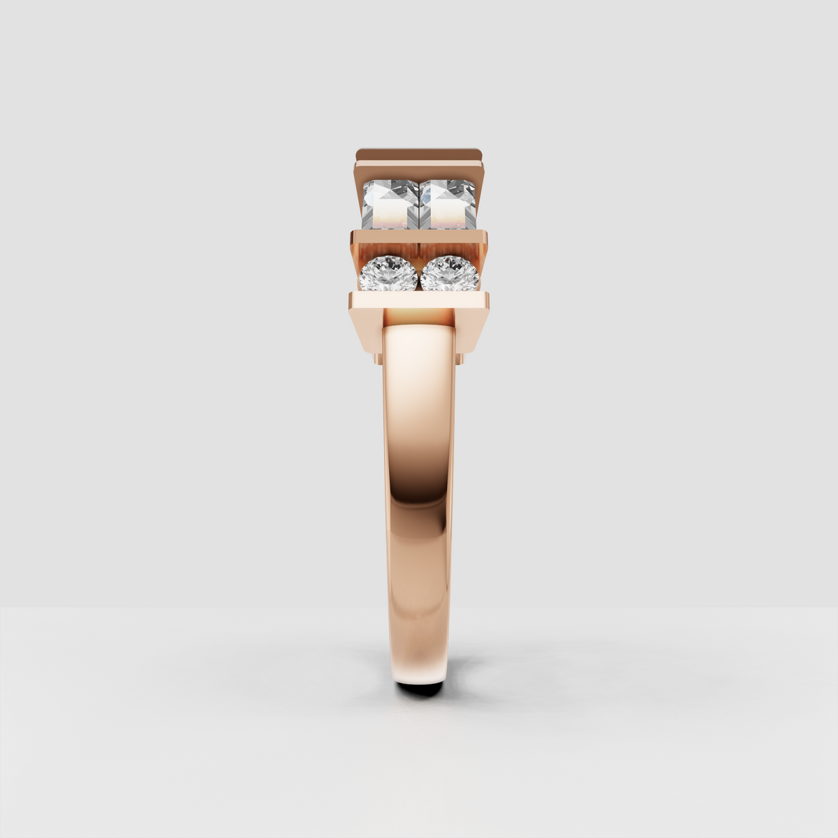 Elegant channel setting diamond band with rectangular and round gemstones