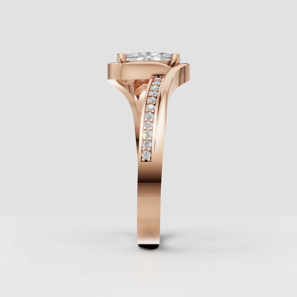 Yellow gold bypass diamond ring with oval center and sparkling pave side stones