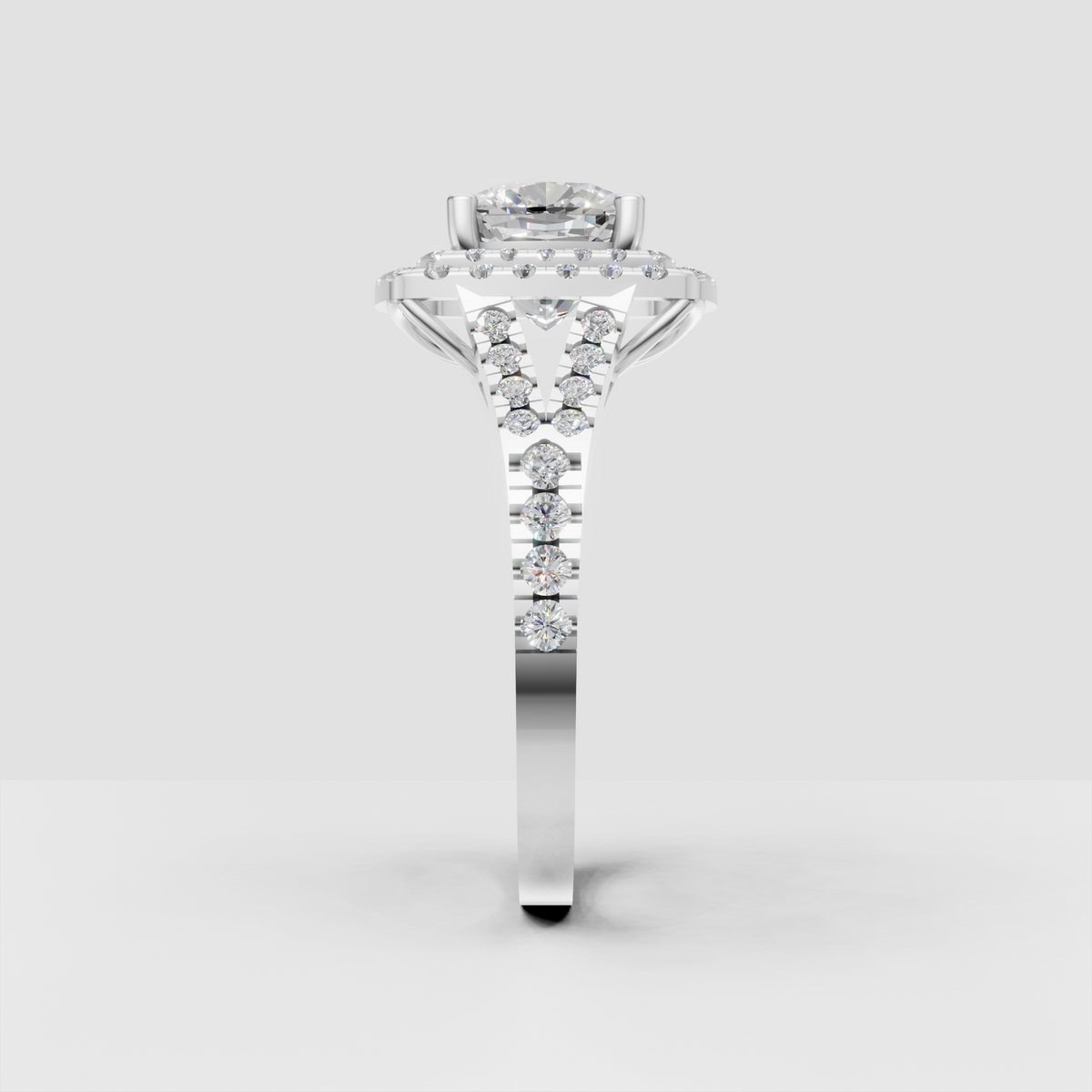 Cathedral cushion cut diamond engagement ring with halo