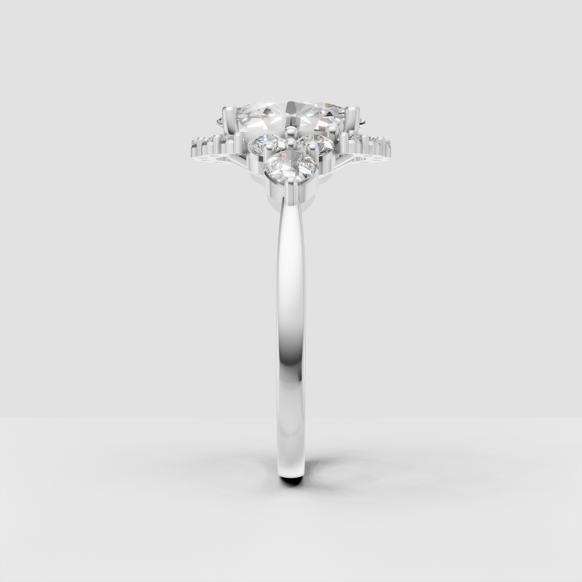 Classic oval diamond halo engagement ring viewed from the front