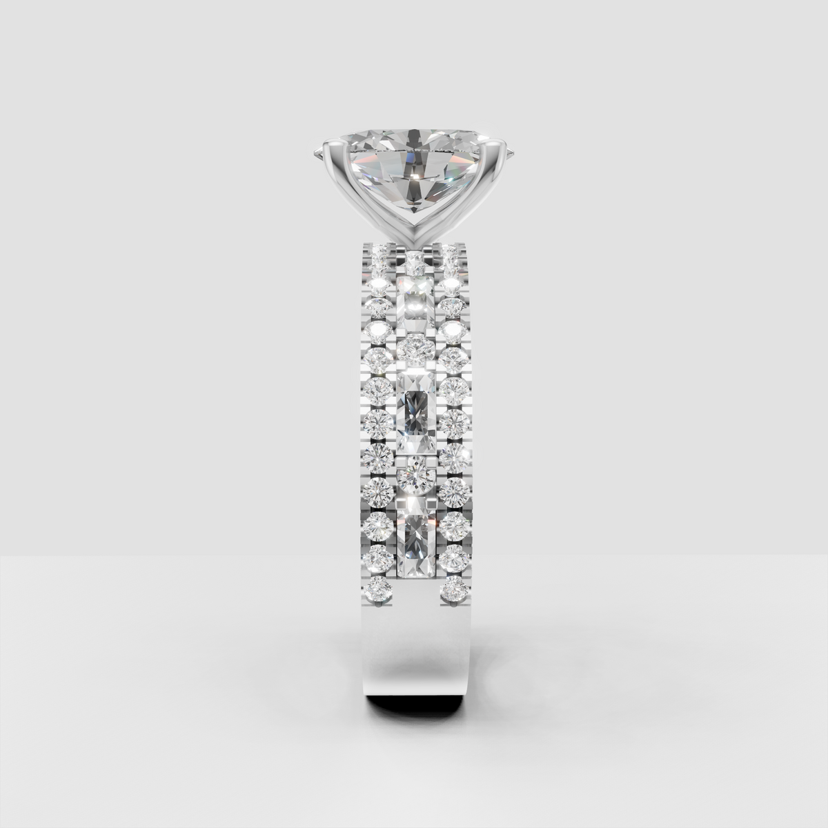 Luxury oval diamond engagement ring with sparkling round and baguette band stones