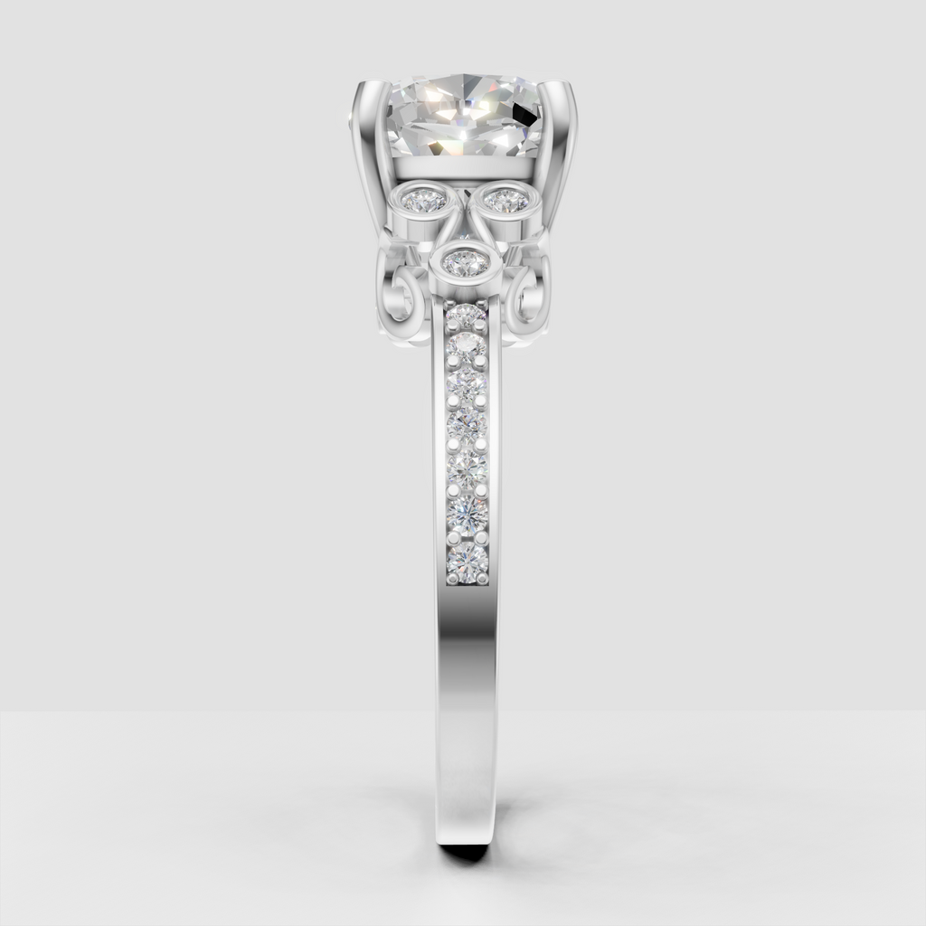 Cushion cut diamond ring with vintage-inspired sculpted shoulders