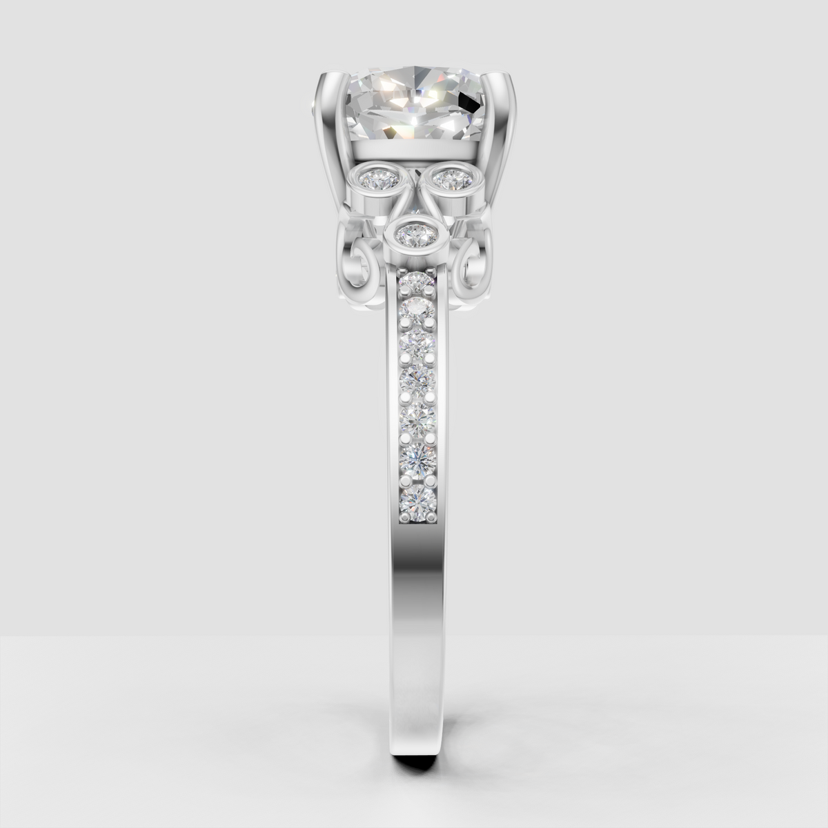 Cushion cut diamond ring with vintage-inspired sculpted shoulders