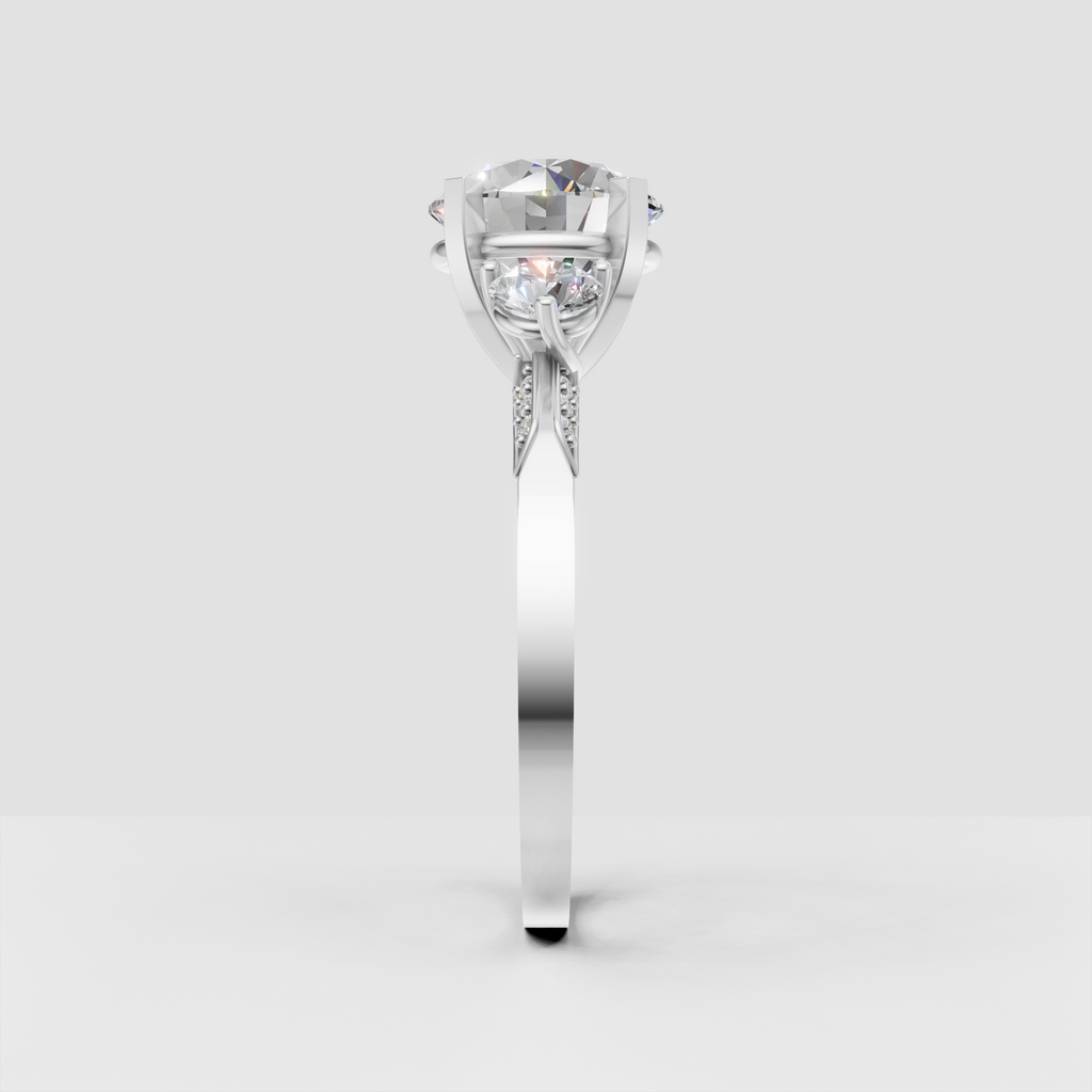 Luxury round diamond engagement ring with two side stones
