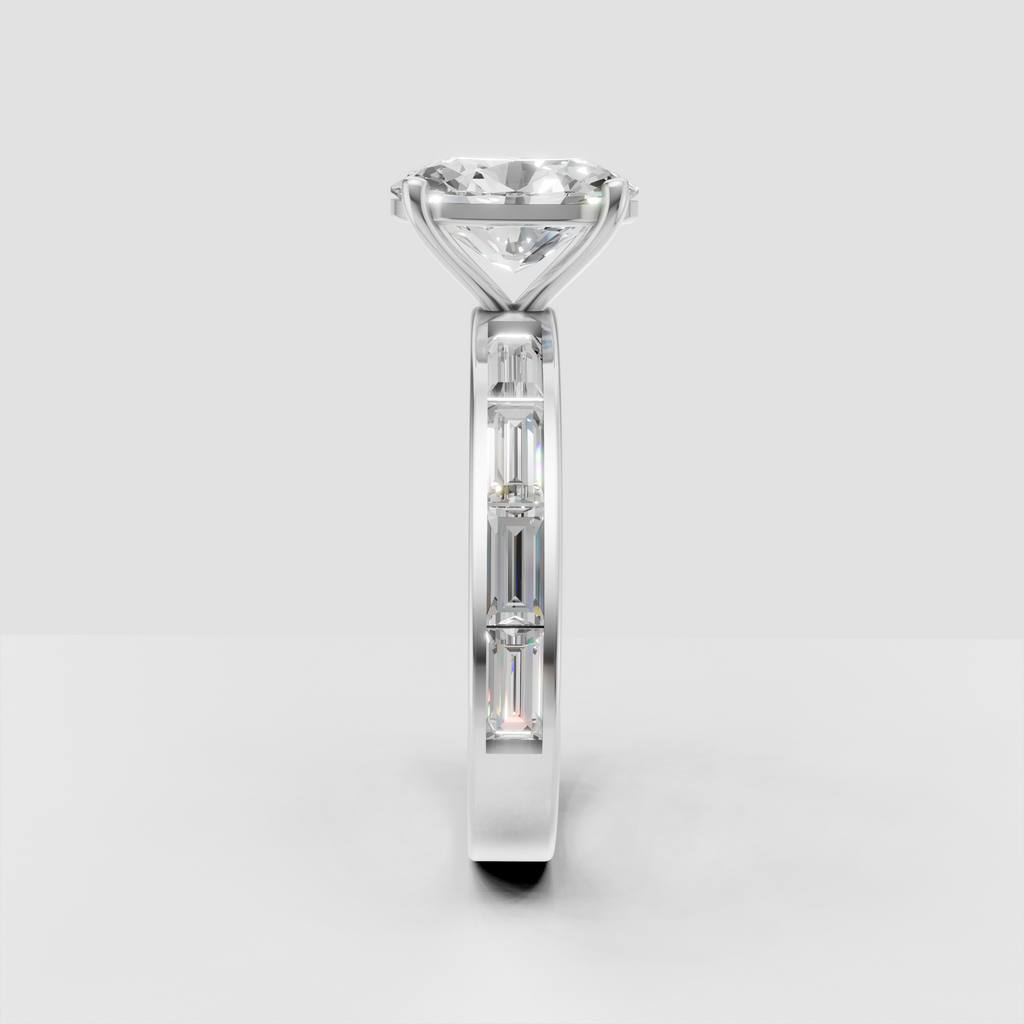 Oval center diamond ring with sleek baguette diamond shoulders