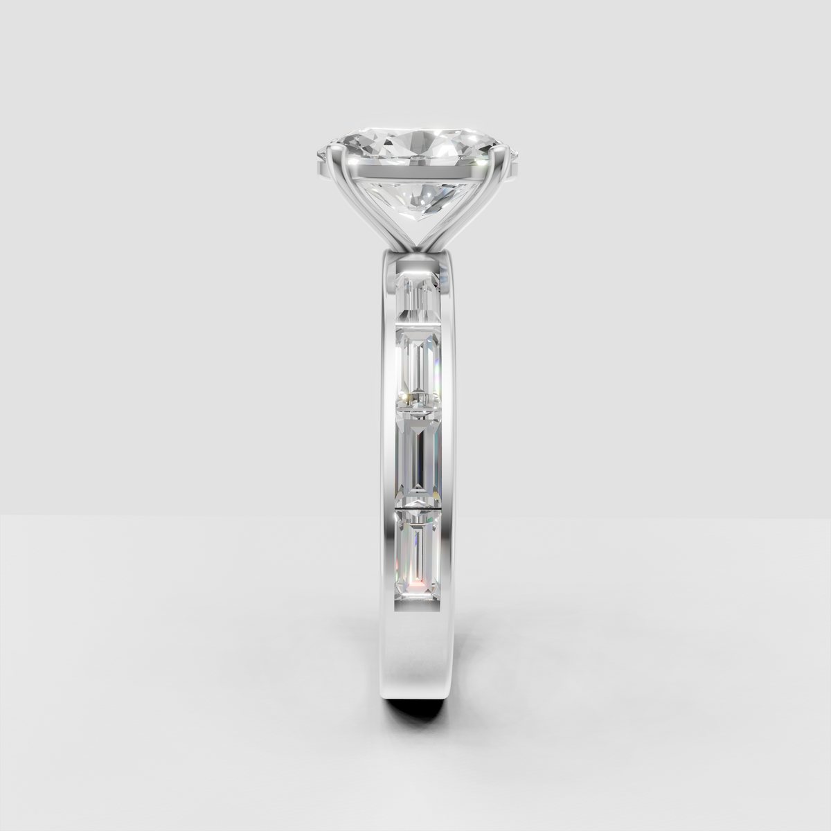 Oval center diamond ring with sleek baguette diamond shoulders