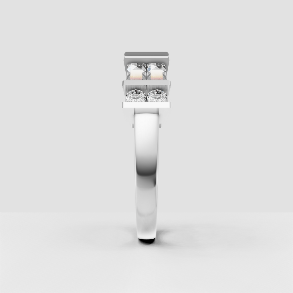 Architectural diamond band with structured metal dividers and brilliant stones