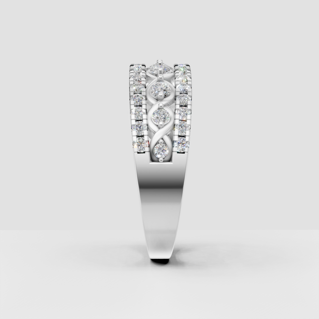 Yellow gold infinity wedding band with rows of round brilliant stones