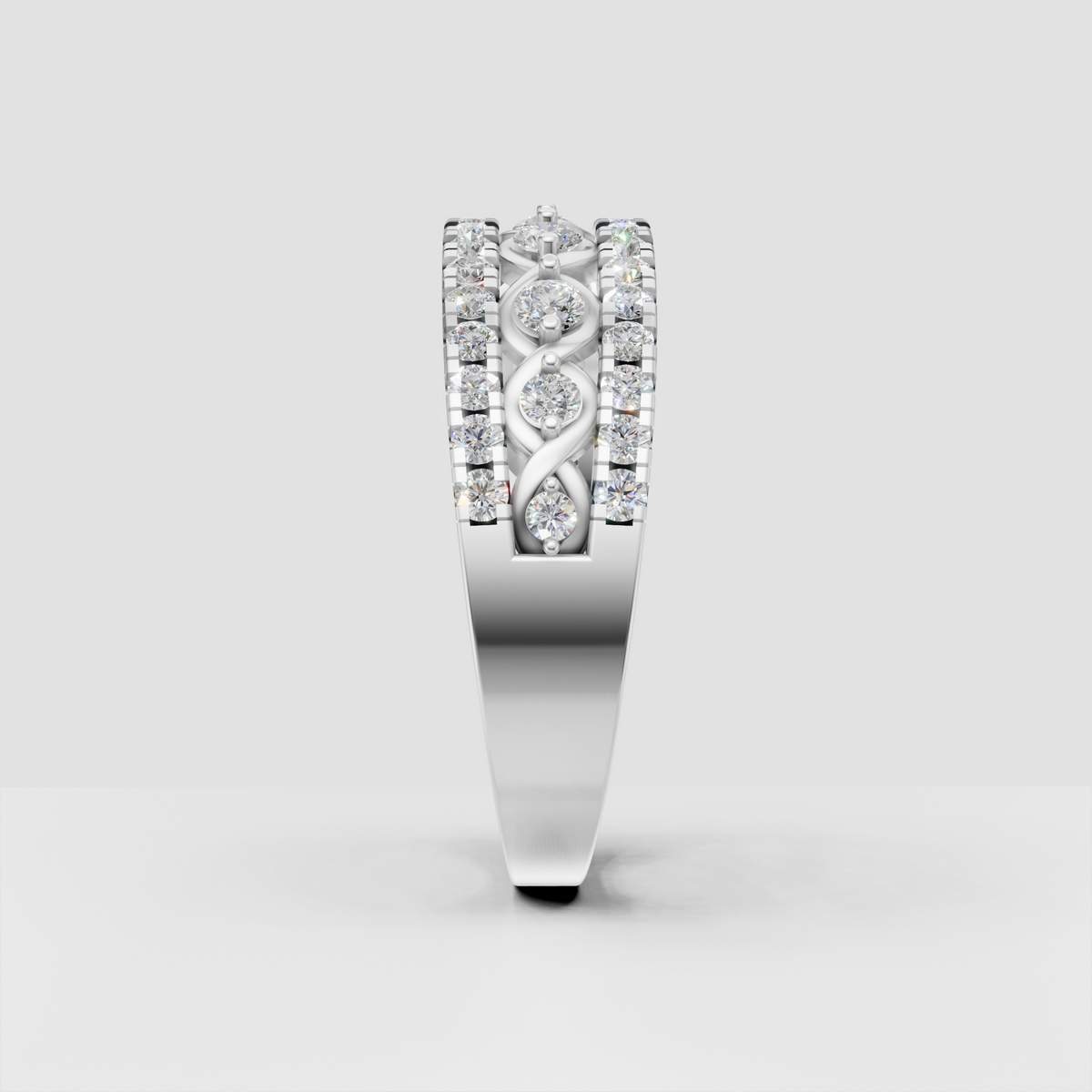 Yellow gold infinity wedding band with rows of round brilliant stones
